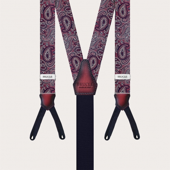 Coordinated set of suspenders for buttons and bordeaux paisley bow tie