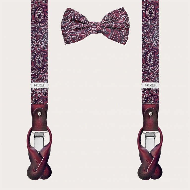 Set coordinato bordeaux paisley bretelle e papillon in seta