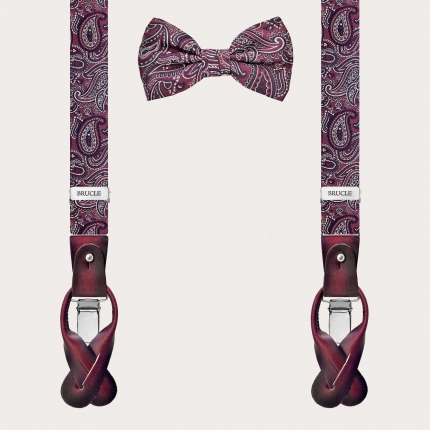 Coordinated bordeaux paisley set of silk suspenders and bow tie