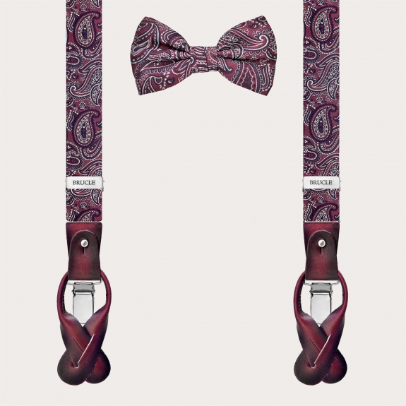 Coordinated bordeaux paisley set of silk suspenders and bow tie