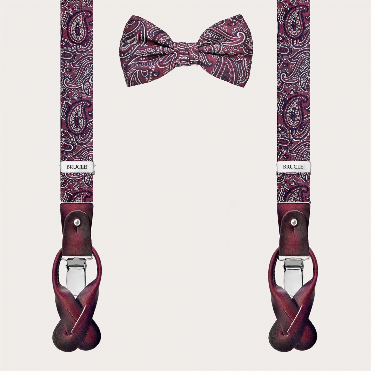 Coordinated bordeaux paisley set of silk suspenders and bow tie