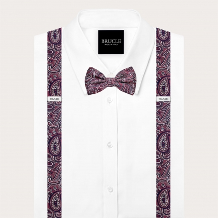 Coordinated bordeaux paisley set of silk suspenders and bow tie