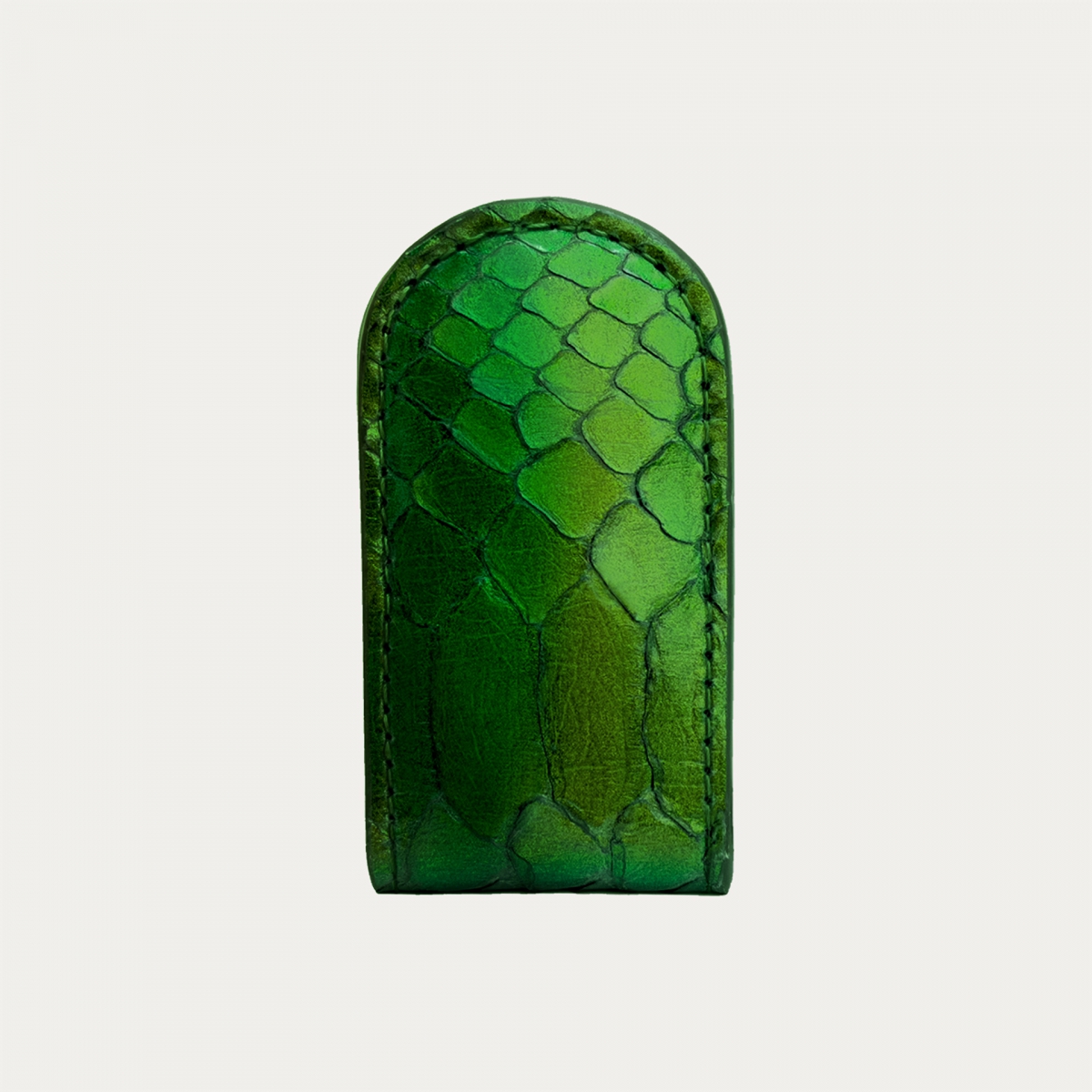 Handmade money clip in genuine glossy green python leather