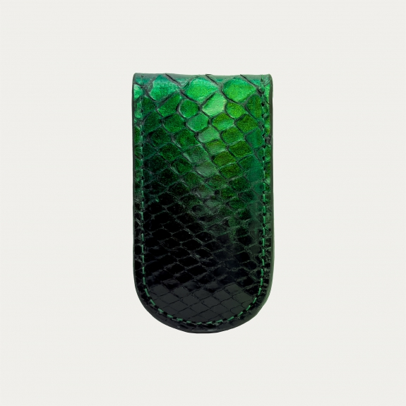 Handmade money clip in genuine glossy green python leather