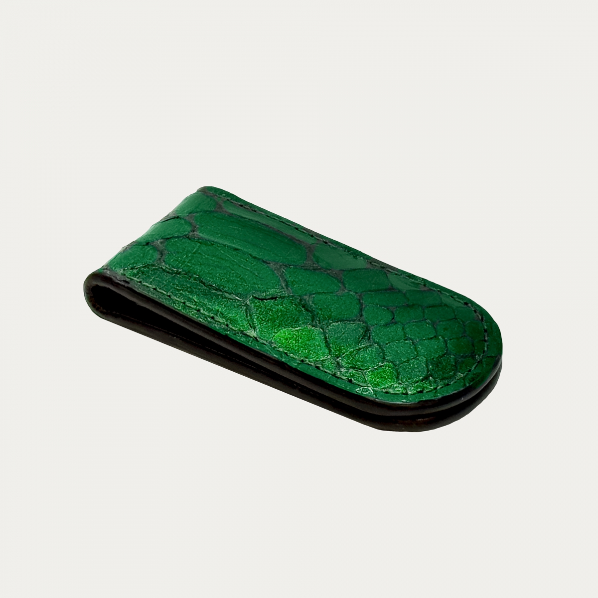 Handmade money clip in genuine glossy green python leather