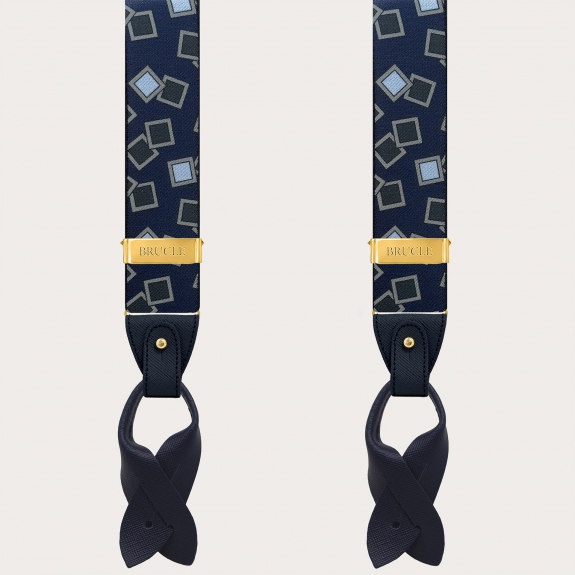 Suspenders with gold metal parts, blue and light blue pattern