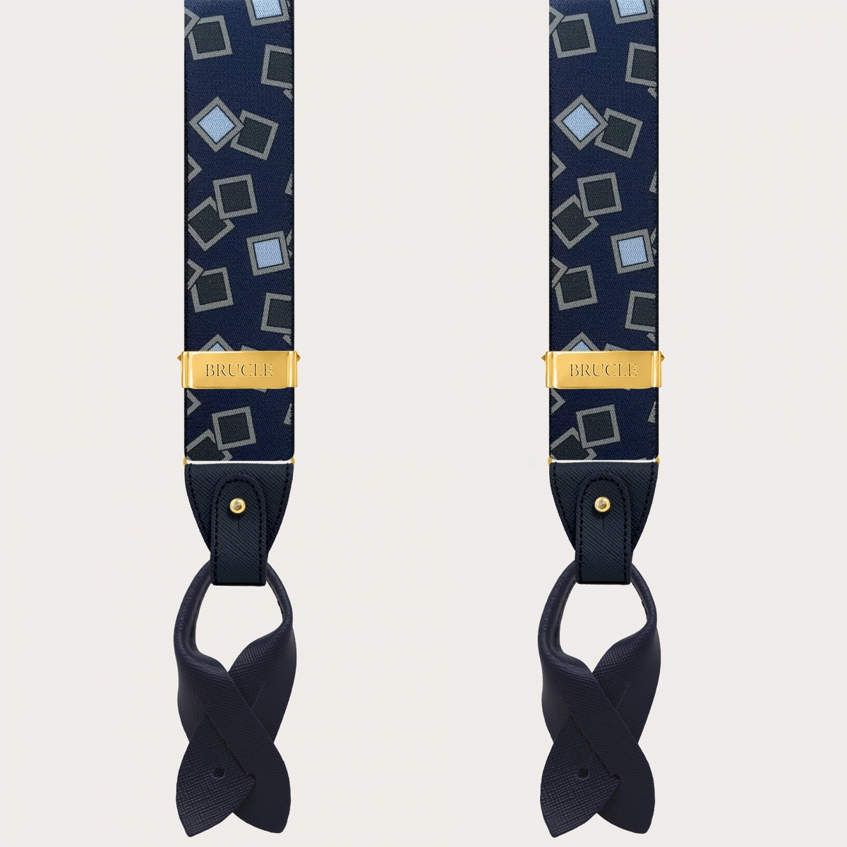 Suspenders with gold metal parts, blue and light blue pattern