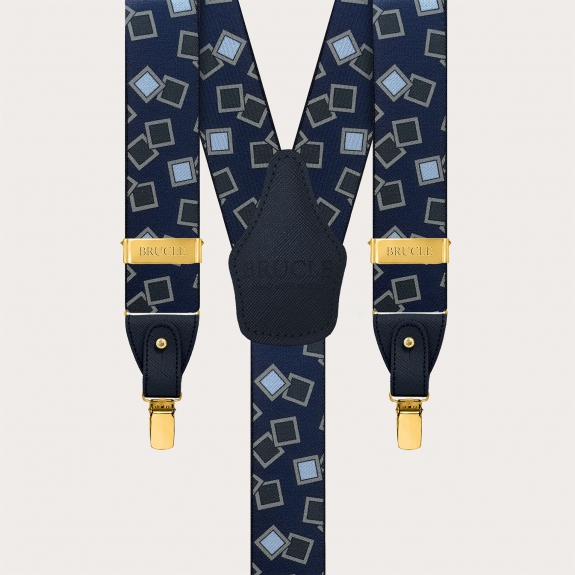 Suspenders with gold metal parts, blue and light blue pattern