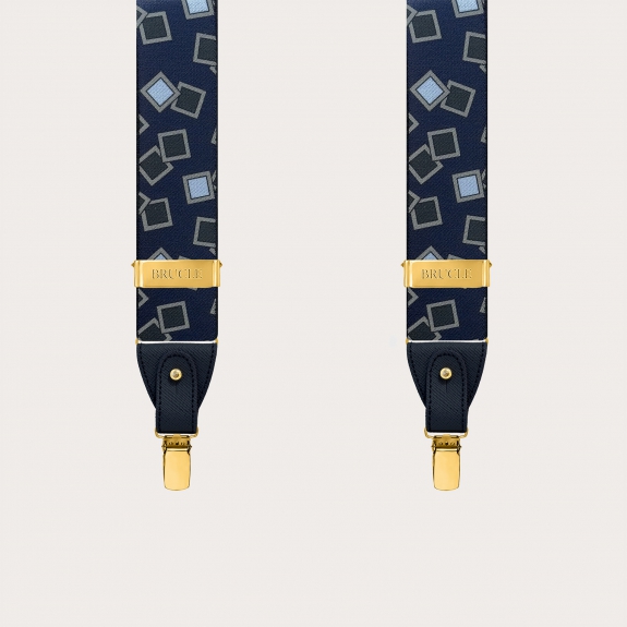 Suspenders with gold metal parts, blue and light blue pattern