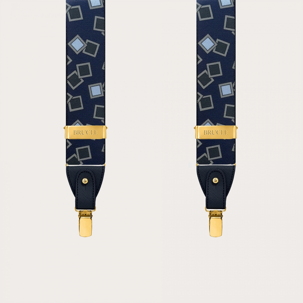 Suspenders with gold metal parts, blue and light blue pattern