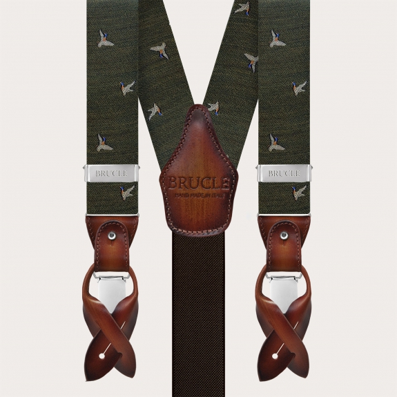 Green wool suspenders with duck pattern, double use for buttons or clips