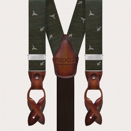 Green wool suspenders with duck pattern, double use for buttons or clips