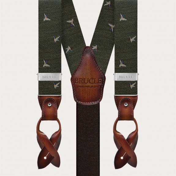 Green wool suspenders with duck pattern, double use for buttons or clips