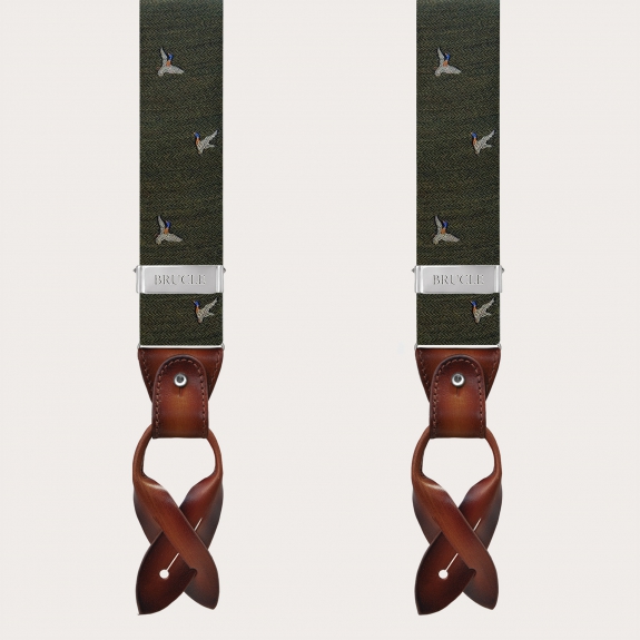 Green wool suspenders with duck pattern, double use for buttons or clips