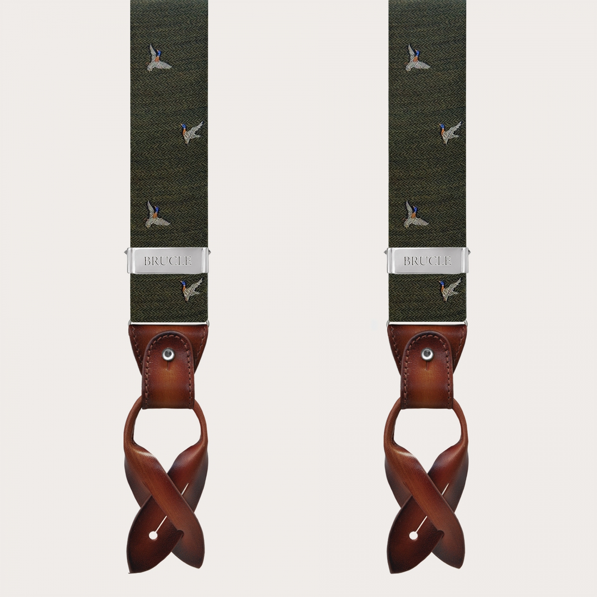 Green wool suspenders with duck pattern, double use for buttons or clips