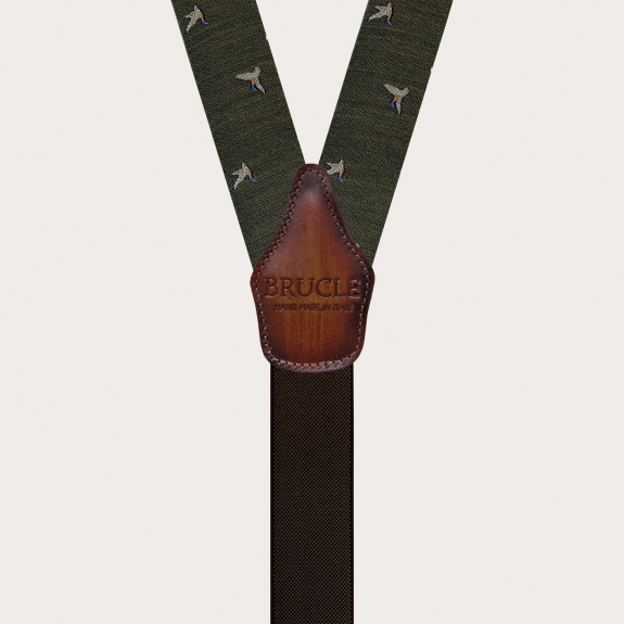 Green wool suspenders with duck pattern, double use for buttons or clips