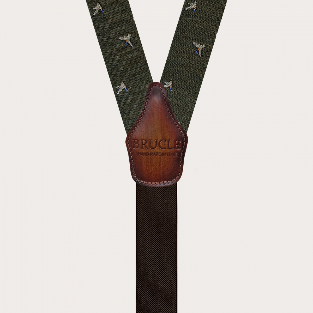 Green wool suspenders with duck pattern, double use for buttons or clips