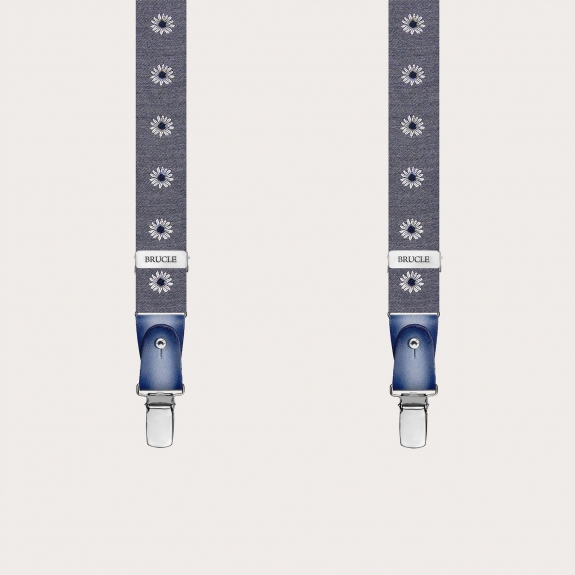 Narrow grey floral suspenders for buttons with clips or button tabs