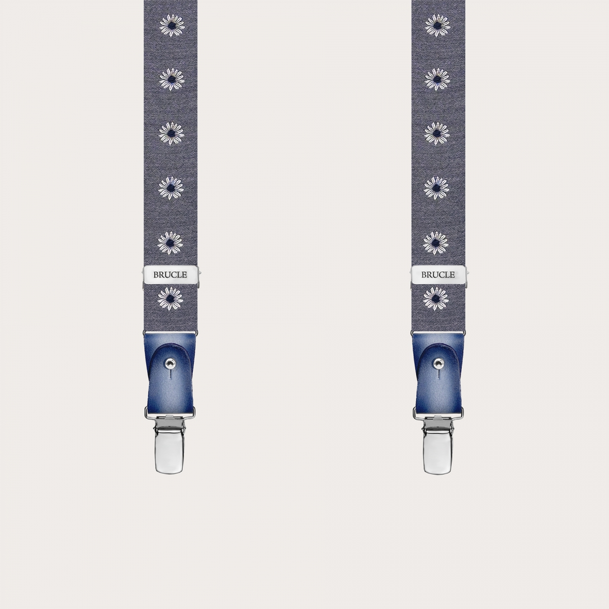 Narrow grey floral suspenders for buttons with clips or button tabs