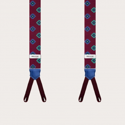 Narrow silk suspenders with button loops, burgundy with floral pattern