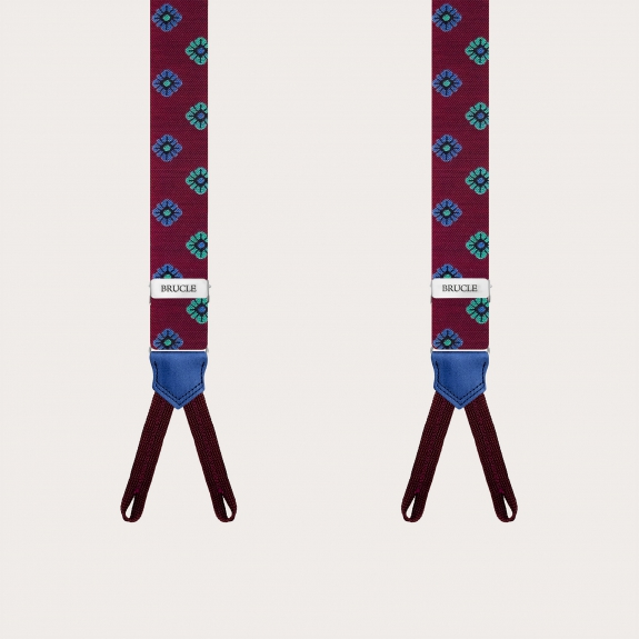 Narrow silk suspenders with button loops, burgundy with floral pattern