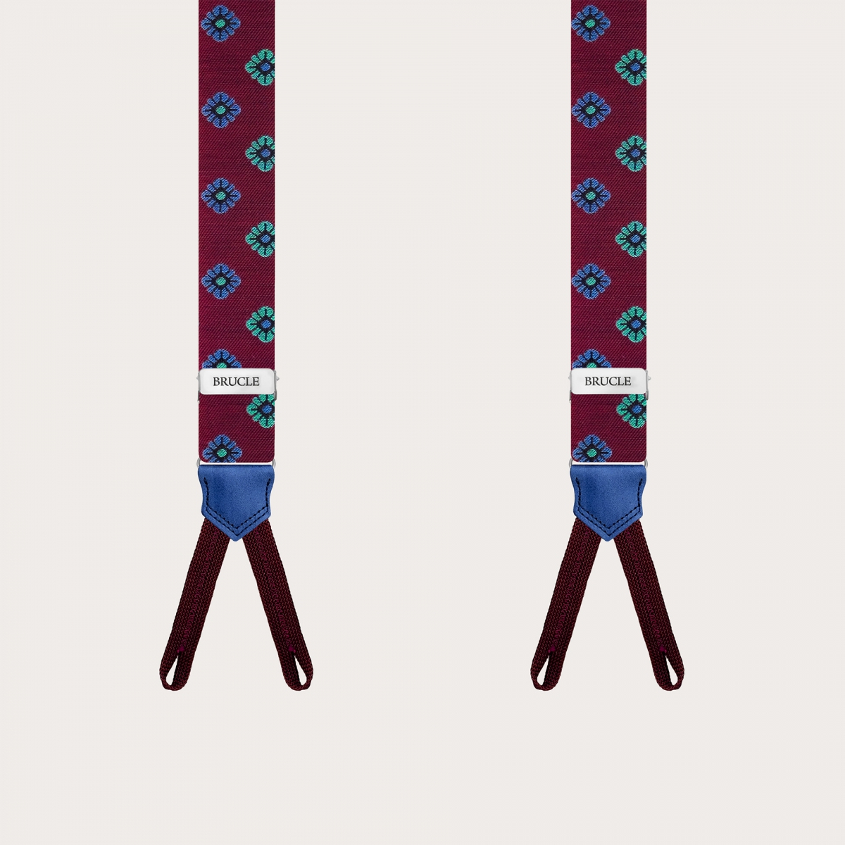 Narrow silk suspenders with button loops, burgundy with floral pattern