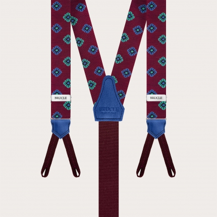 Narrow silk suspenders with button loops, burgundy with floral pattern