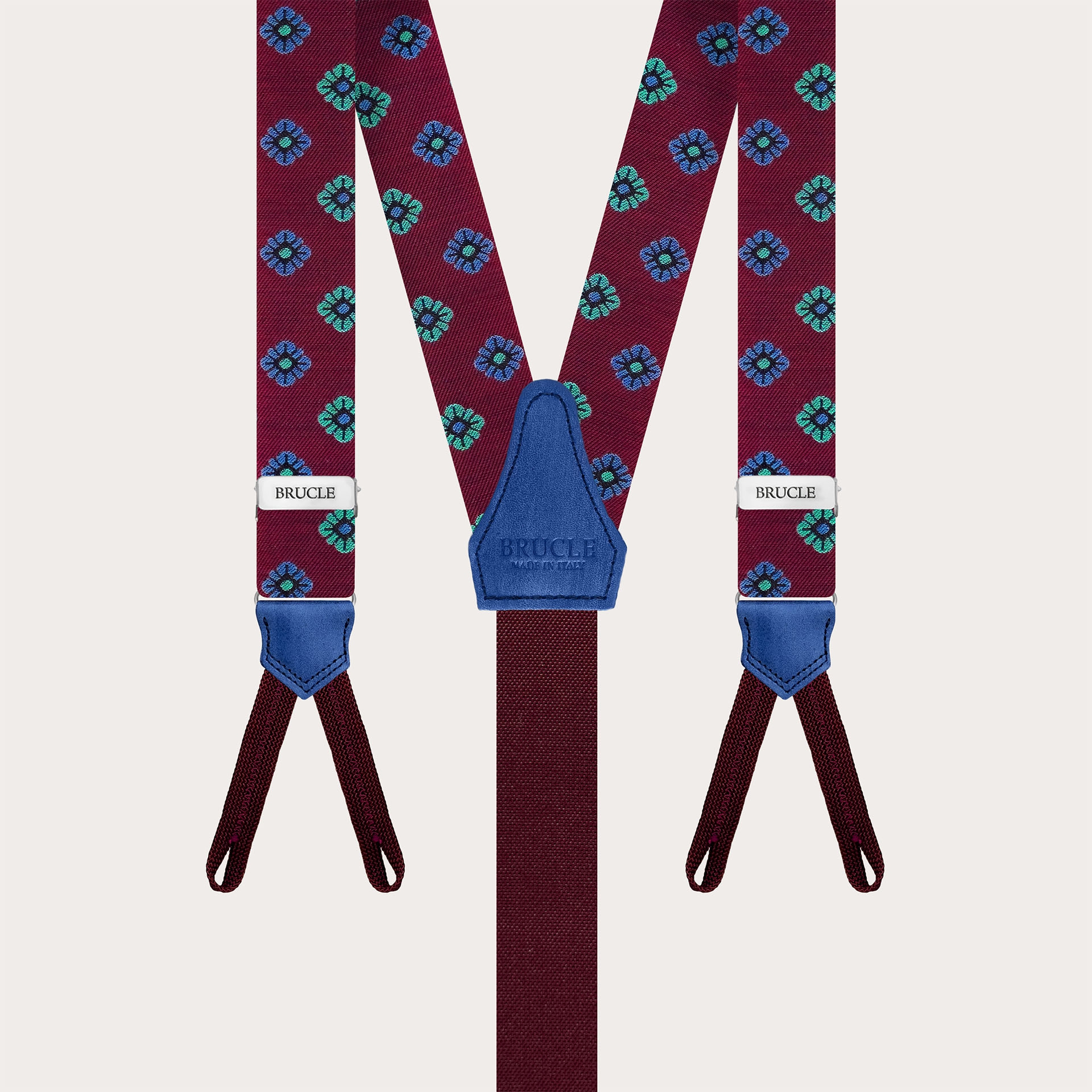 Narrow silk suspenders with button loops, burgundy with floral pattern