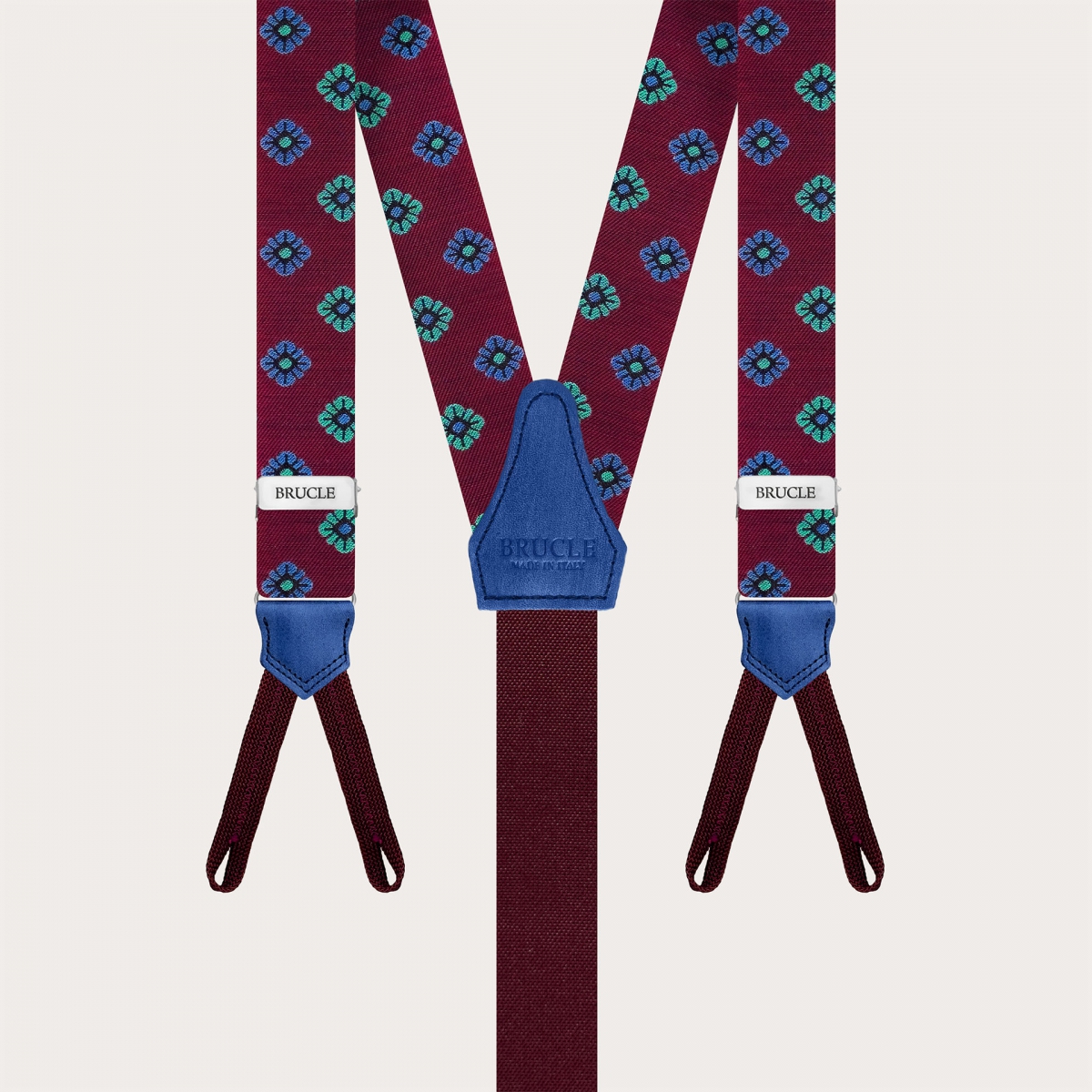 Narrow silk suspenders with button loops, burgundy with floral pattern