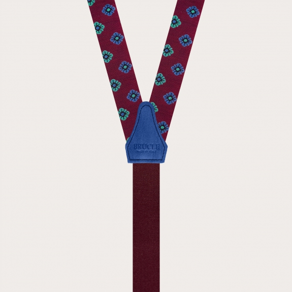 Narrow silk suspenders with button loops, burgundy with floral pattern