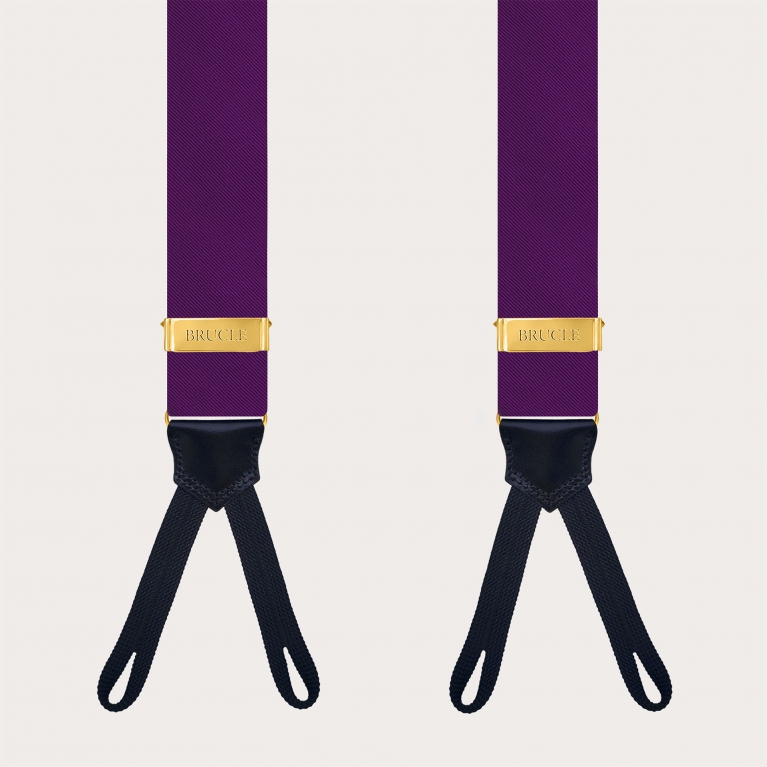 Purple silk suspenders for buttons with gold adjusters