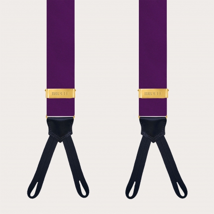 Purple silk suspenders for buttons with gold adjusters