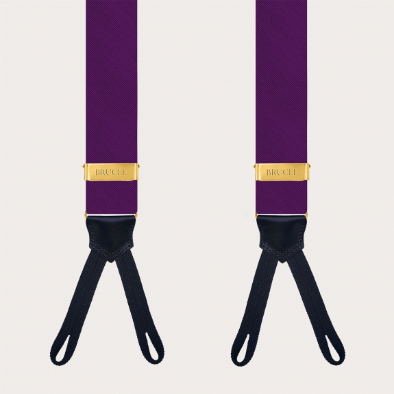 Purple silk suspenders for buttons with gold adjusters