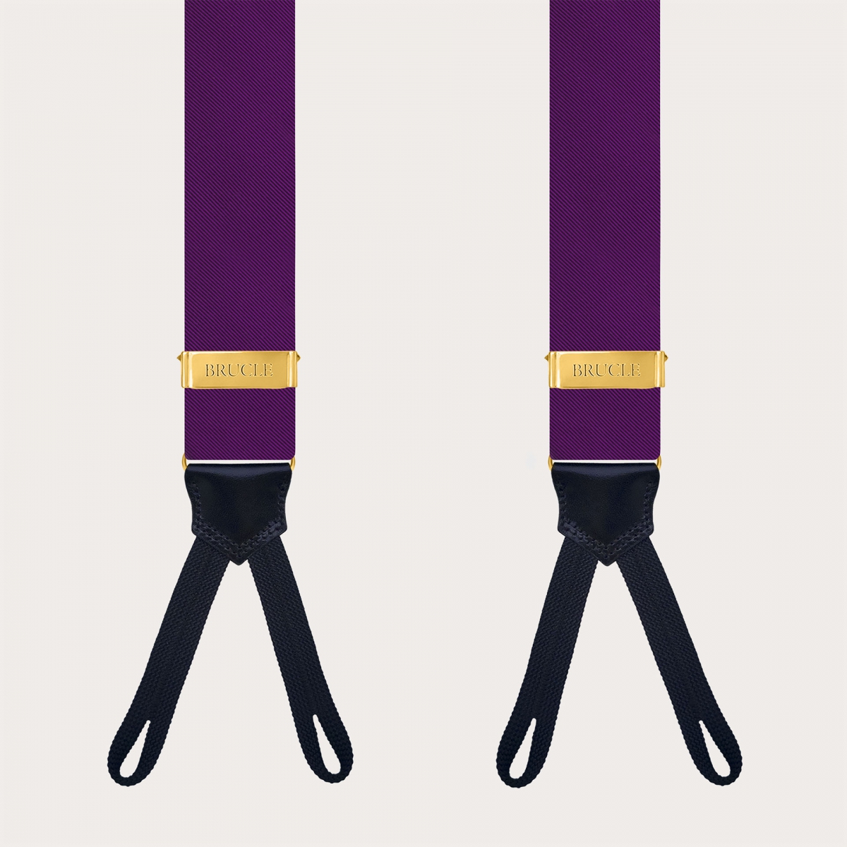 Purple silk suspenders for buttons with gold adjusters