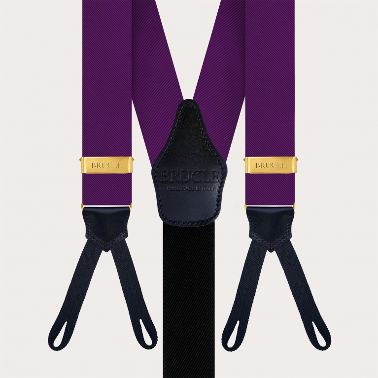 Purple silk suspenders for buttons with gold adjusters