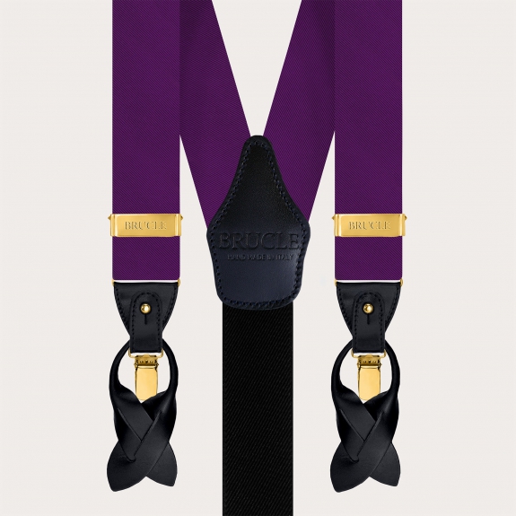 Purple silk men's suspenders with gold metal parts for clips or buttons.