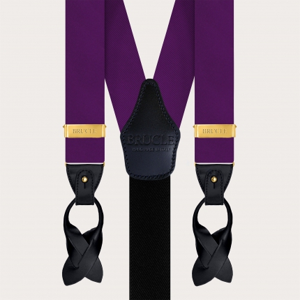 Purple silk men's suspenders with gold metal parts for clips or buttons.