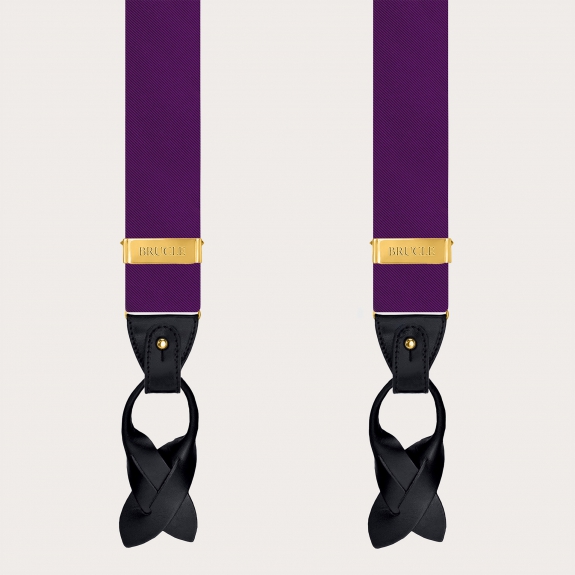 Purple silk men's suspenders with gold metal parts for clips or buttons.