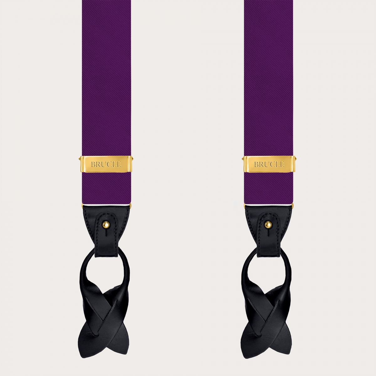 Purple silk men's suspenders with gold metal parts for clips or buttons.