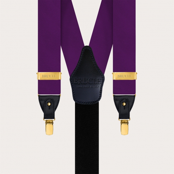 Purple silk men's suspenders with gold metal parts for clips or buttons.