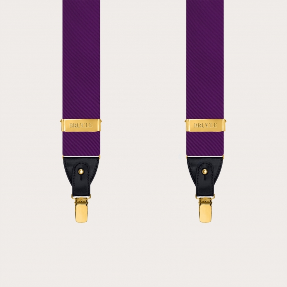 Purple silk men's suspenders with gold metal parts for clips or buttons.