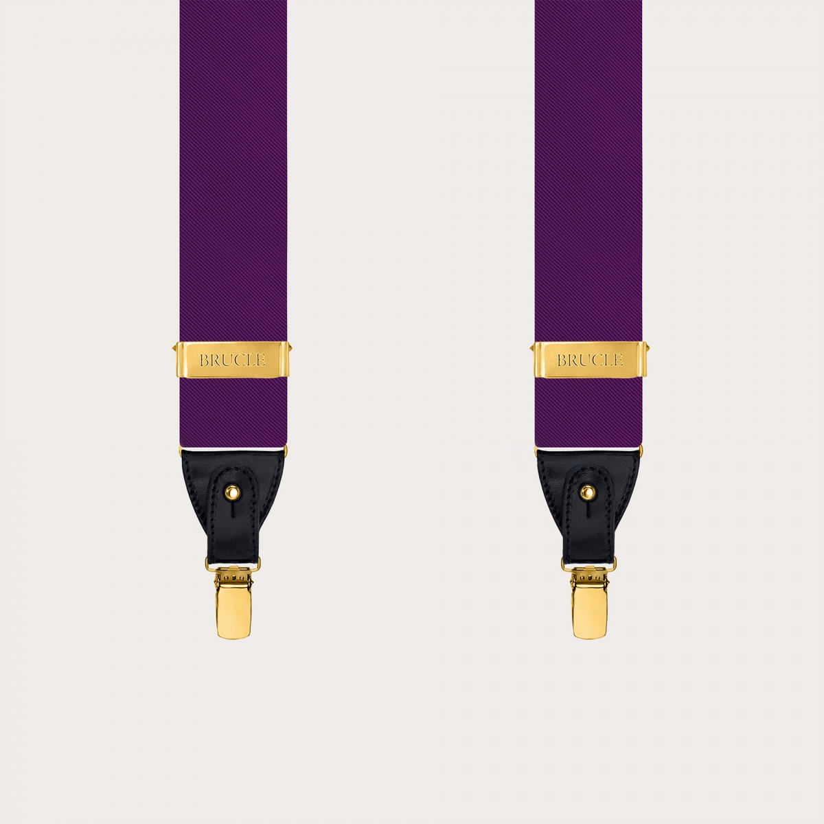 Purple silk men's suspenders with gold metal parts for clips or buttons.