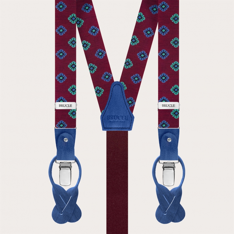 Narrow burgundy silk suspenders with floral pattern, for buttons or clips