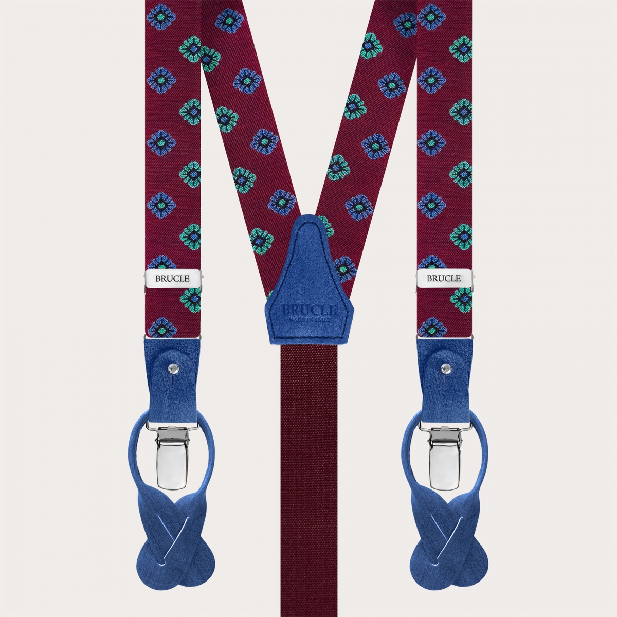 Narrow burgundy silk suspenders with floral pattern, for buttons or clips