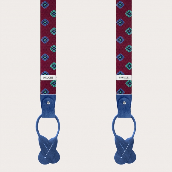 Narrow burgundy silk suspenders with floral pattern, for buttons or clips