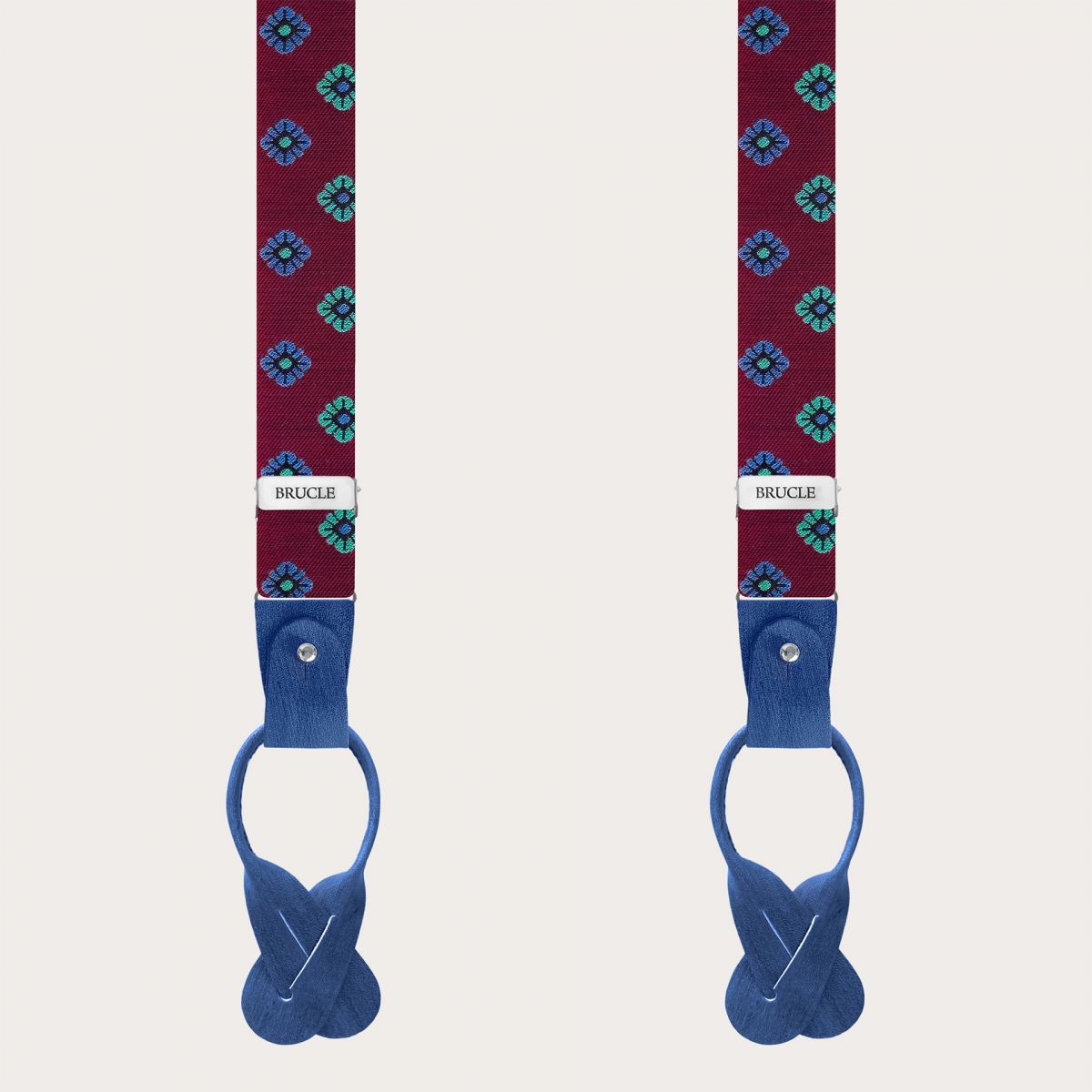 Narrow burgundy silk suspenders with floral pattern, for buttons or clips