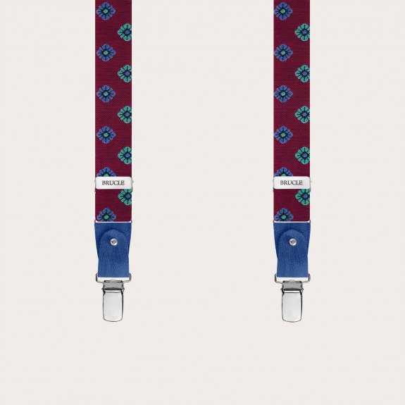 Narrow burgundy silk suspenders with floral pattern, for buttons or clips