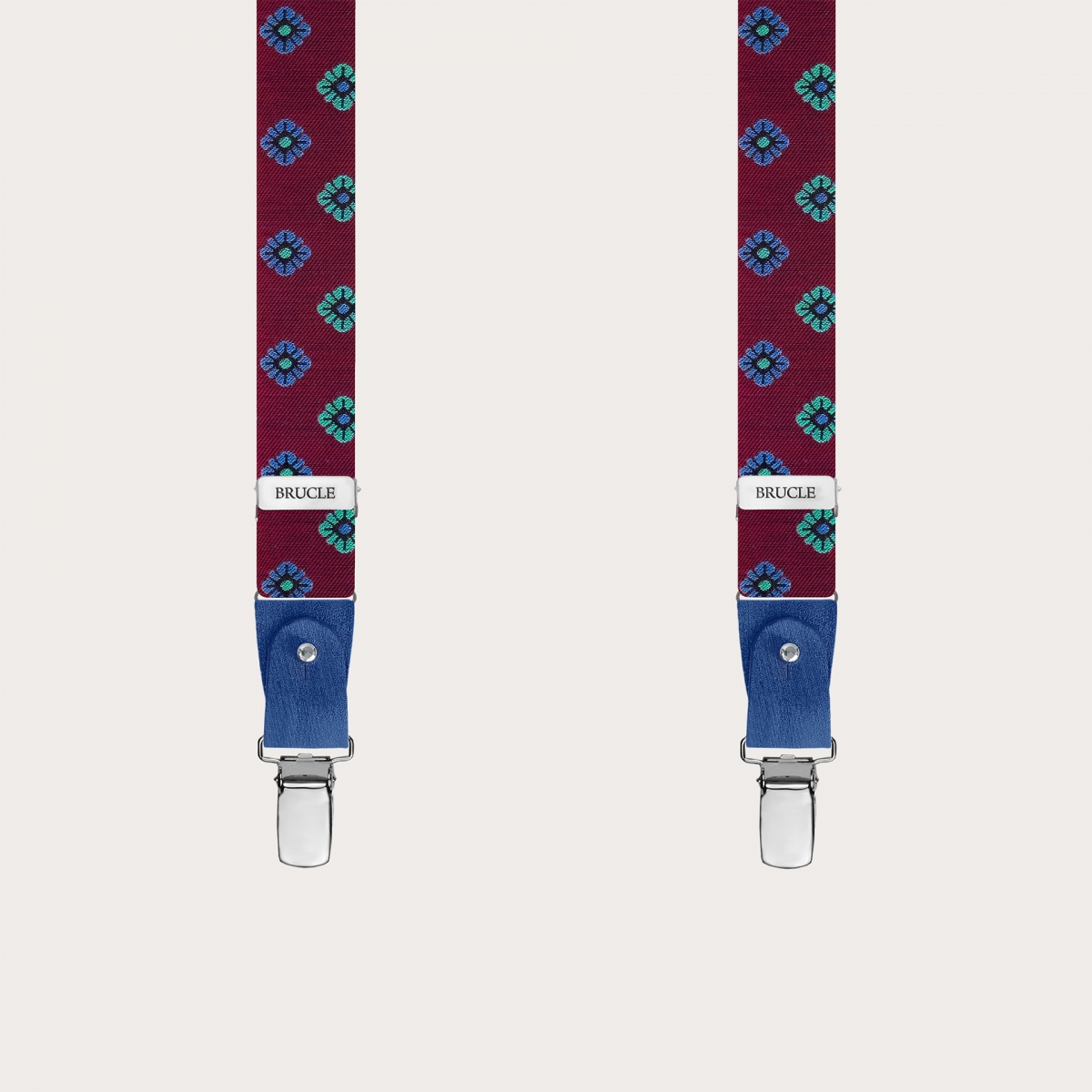 Narrow burgundy silk suspenders with floral pattern, for buttons or clips