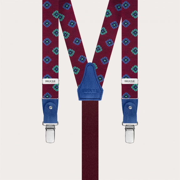 Narrow burgundy silk suspenders with floral pattern, for buttons or clips