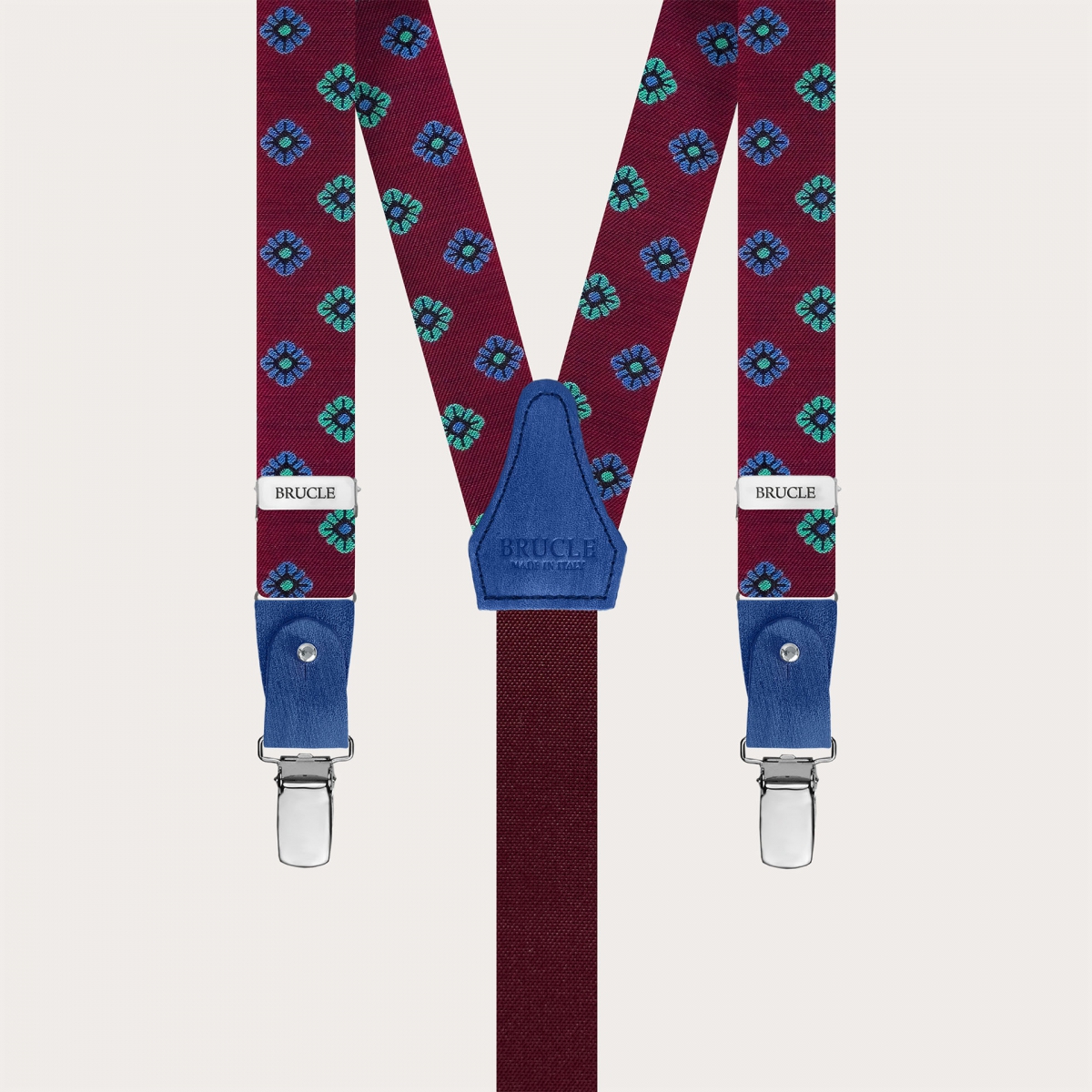 Narrow burgundy silk suspenders with floral pattern, for buttons or clips